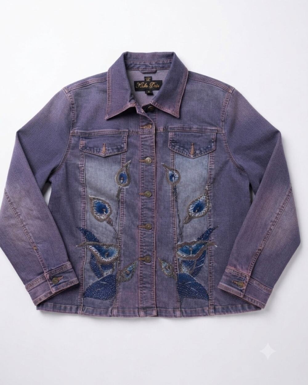 Vintage Woman's Y2K Purple Stone Washed Beaded Jean Jacket 16 Peacock Feathers